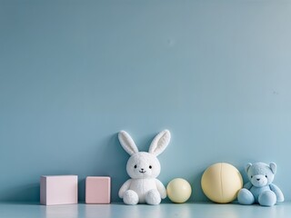 Obraz premium Empty blue wall with white bunny plush and toys in a kid s room