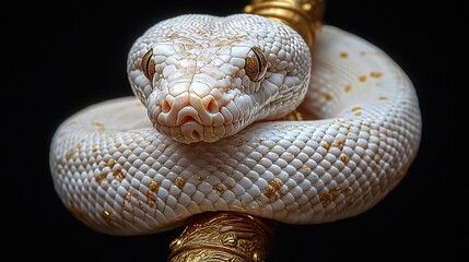 Fototapeta premium Albino python coiled around a golden staff with intricate designs on a textured surface