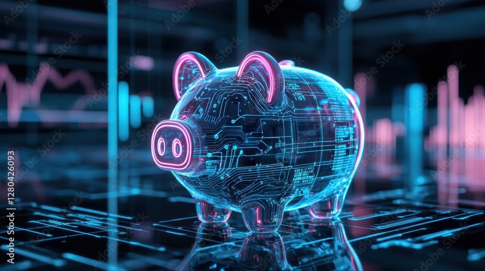 Aufkleber futuristic digital piggy bank with circuit patterns on a neon background representing savings and fi