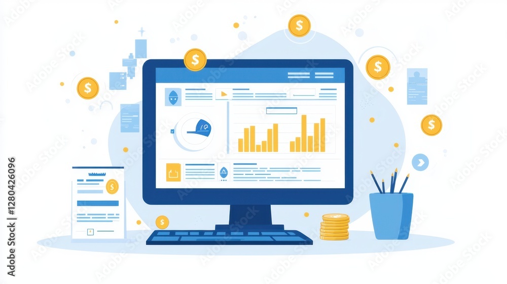 Poster digital marketing dashboard with graphs and financial reports featuring a computer screen and curren