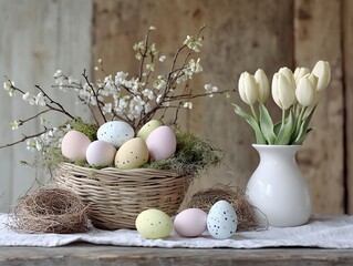 Obraz premium ナチュラルなバスケットに入ったパステルカラーのイースターエッグと白いチューリップの装飾 | Pastel Easter Eggs in a Natural Basket with White Tulips Decoration