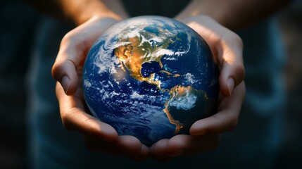 Fototapeta premium Holding the world gently in hands symbolizes care for the environment and global unity
