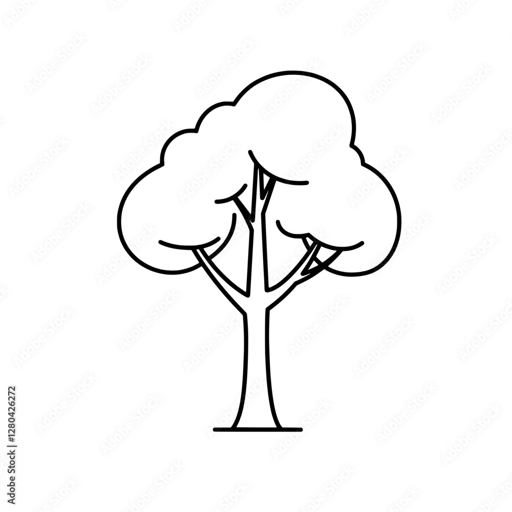 Poster minimalist tree icon: a simple line art depiction of a tree with a rounded crown and sturdy trunk, e