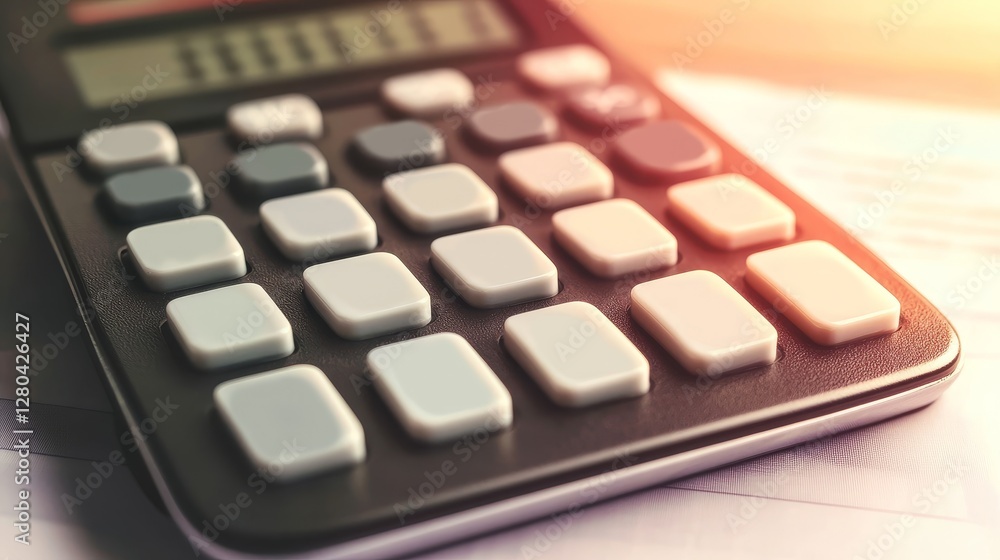 Poster calculator on a desk with soft lighting, showcasing its buttons and display.