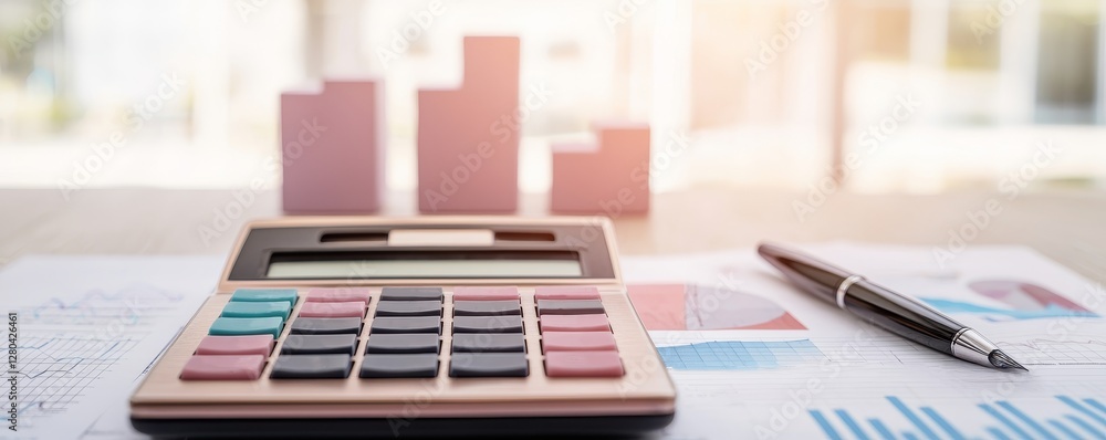 Poster calculator and charts on a desk, representing finance and data analysis in a professional setting.