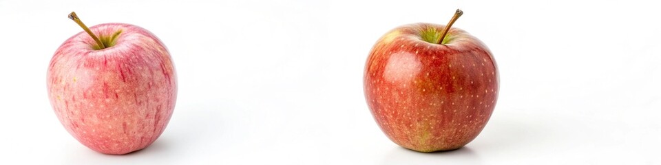 Two apples side by side, one is red and the other is green. The red apple is larger and has a stem