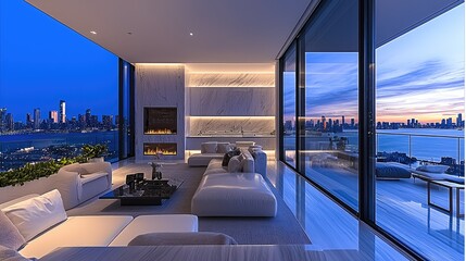 Fototapeta premium A luxurious penthouse apartment with floor-to-ceiling glass windows showcasing a breathtaking city skyline at sundown.