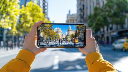 Person capturing a photograph of an urban street scene during the daytime