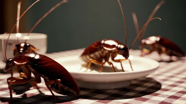 A surreal scene of colorful cockroaches dining at a funny table, inspiring laughter and imagination