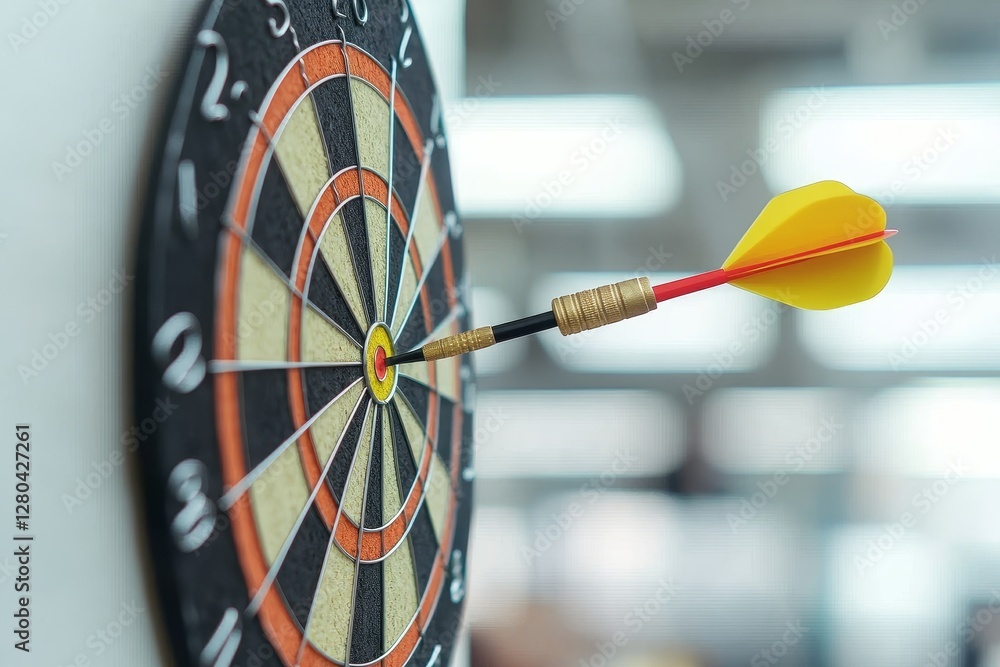 Poster dart embedded in a dartboard, highlighting precision and focus in a casual setting.