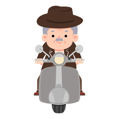 Old man riding motorbike front view