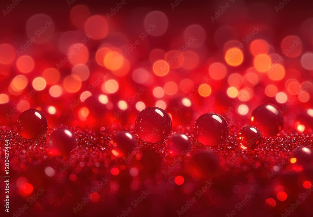 Poster reflections and bokeh effects of red water droplets on surface with shimmering sparkles and intense 