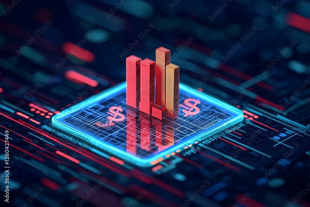 Poster digital financial growth concept with bar graphs and currency symbols on a tech background.