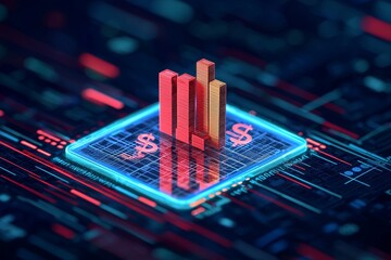 Digital financial growth concept with bar graphs and currency symbols on a tech background.