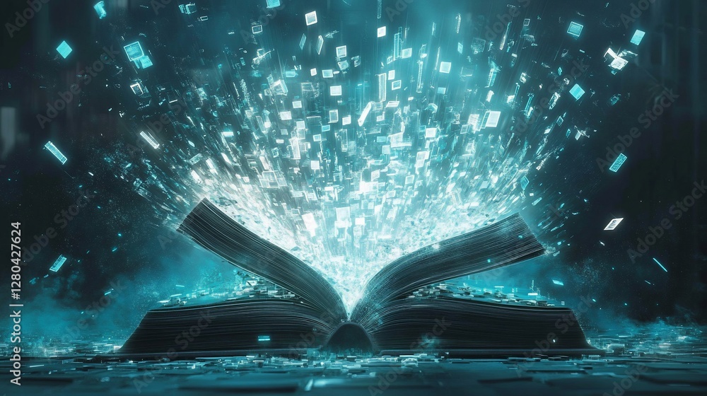 Poster magical book unleashing digital information in a burst of light and data