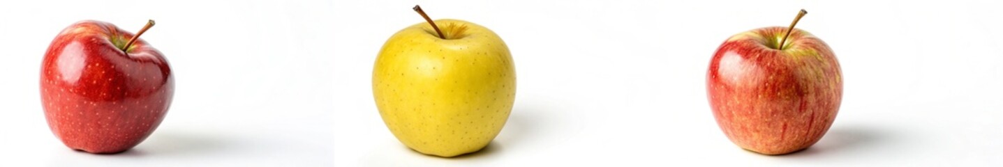 Three apples of different colors are shown on a white background. The apples are red, yellow, and green