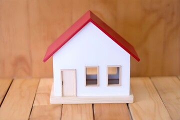 Wooden Miniature House with Red Roof: Small White Toy Home on Wood Background, Real Estate Model for Kids, Home Decor, Simple Design