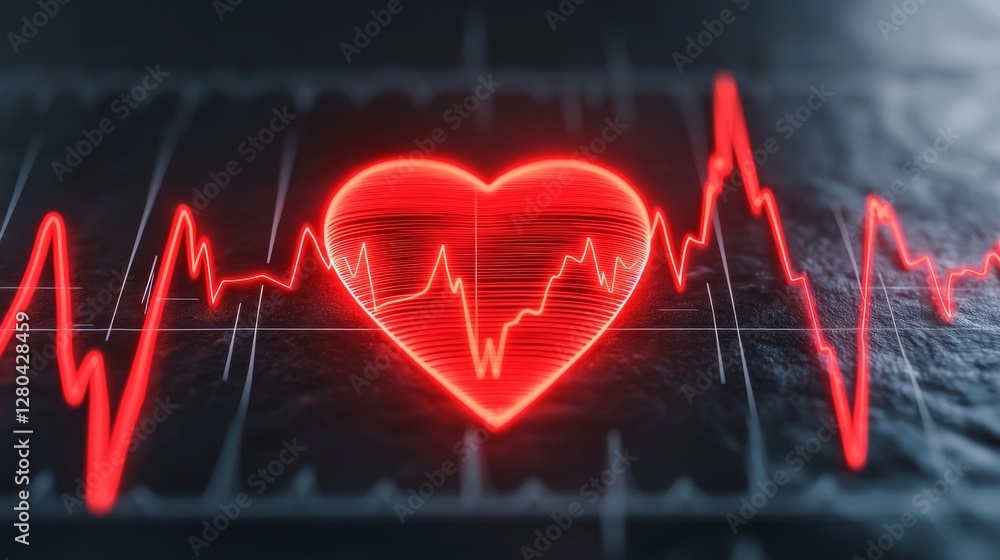 Poster heart rate monitor displaying a glowing red heart symbol on a digital screen.