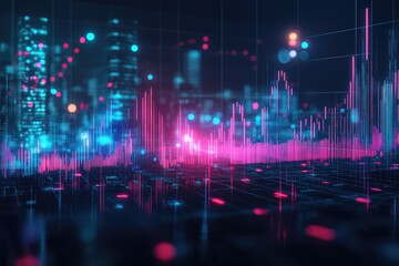 Night city skyline overlaid with financial data analysis