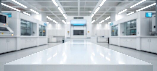 White glossy tabletop with a blurred background of an advanced research laboratory, featuring futuristic lighting and modern equipment.