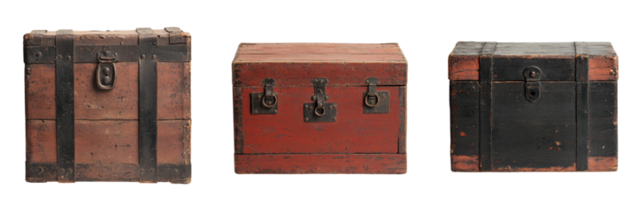 Collection of Vintage Leather and Wood Trunks and Chests in Old Rustic Style Arranged for Still Life Photography  Antique Luggage Boxes Retro Travel Containers and Decorative Storage Accessories