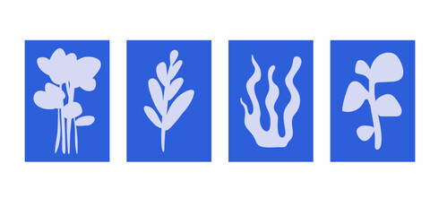 Abstract Silhouettes of Leaves and Plants on Bold Blue Background. Naive Wavy Groovy Minimalist Style For Posters, Prints And Placards Design, Modern Artistic Linocut Decoration Isolated.Vector