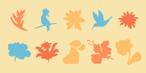 Summer botanical set with abstract floral design elements. Tropical Silhouettes of Birds, flowers, plants and woman figure enjoying sunset on nature. Abstract shapes leaves flat art. Isolated. Vector