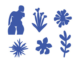 Summer botanical set with abstract floral design elements. Tropical Silhouettes of Birds, flowers, plants and woman figure enjoying sunset on nature. Abstract shapes leaves flat art. Isolated. Vector © Ольга Фурманюк