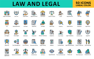 Law and Legal icons set with legal consultation, law firm, legal advice, legal document, courtroom, scales of justice, gavel, legal research, attorney, judge icon. Simple lineal color vector 
