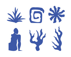 Summer botanical set with abstract floral design elements. Tropical Silhouettes of Birds, flowers, plants and woman figure enjoying sunset on nature. Abstract shapes leaves flat art. Isolated. Vector