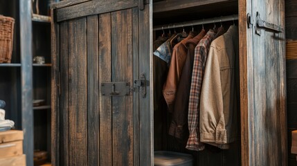 Rustic closet with open door displaying shirts and vintage accents