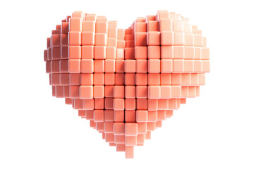 Abstract pink cubic pixel heart shape, isolated on white transparent background. Concept of love, technology, and modern design