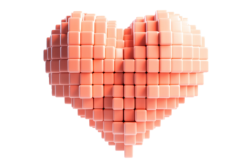 Abstract pink cubic pixel heart shape, isolated on white transparent background. Concept of love, technology, and modern design