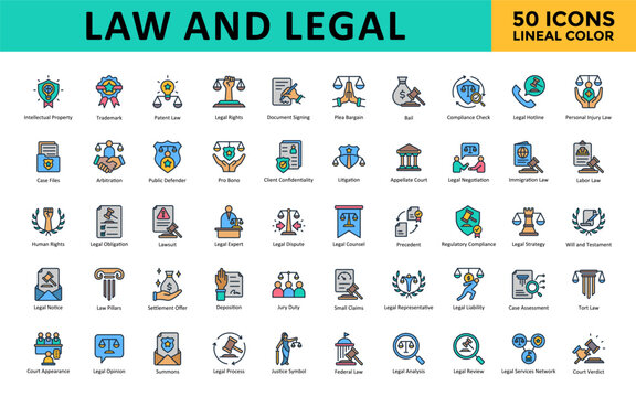 Law and Legal icons set with intellectual property, trademark, patent law, legal rights, document signing, plea bargain, bail, compliance check, legal hotline icon. Simple lineal color vector 
