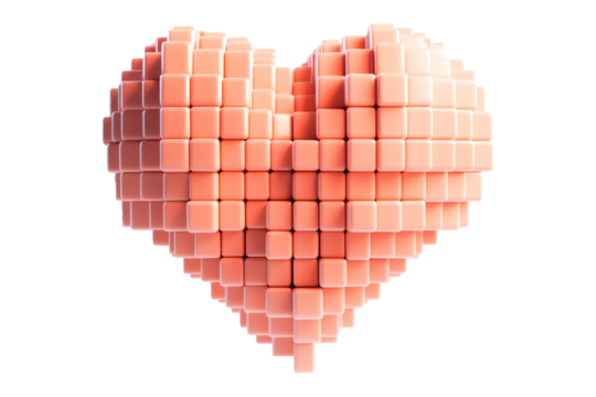 Abstract pink cubic pixel heart shape, isolated on white transparent background. Concept of love, technology, and modern design