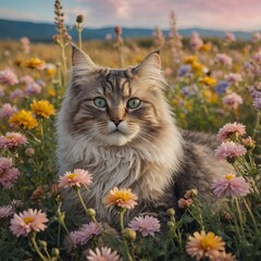 A fluffy, bright-eyed cat lounging on a flower-covered meadow, with a dreamy, pastel-hued background.
