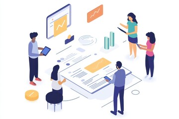 A top-down view of a startup team discussing project plans, using mobile devices and charts.