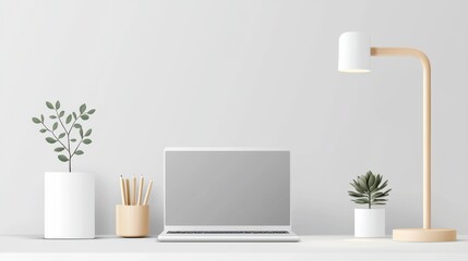 Modern minimalist workspace with a laptop, decorative plants, stationery holder, and stylish lamp on a clean surface against a soft white background