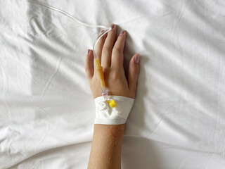 Close up IV drip in female hand in hospital bed. Hospital Iv Drip and Peripheral Catheter. Medicine...