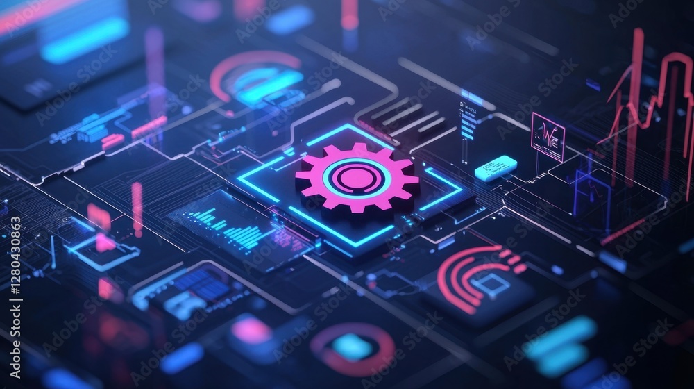 Poster futuristic digital network with neon gear icon representing technology and innovation in a high-tech