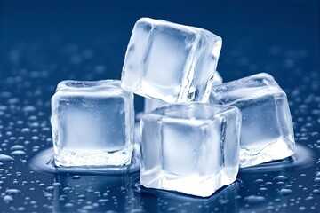 Obraz premium Ice Cubes Still Life: Close-Up of Melting Ice Cubes on Blue Background, Refreshing Cold Drink Ingredient, Frozen Water, Macro Photography
