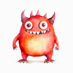 Watercolor illustration of a cute little red monster isolated on white background.