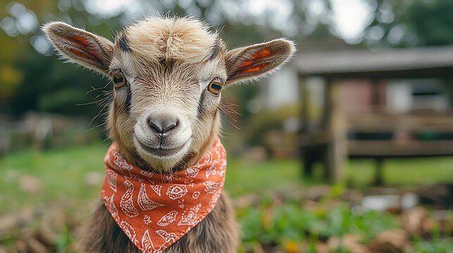 Pygmy goat wearing a colorful bandana standing in a green grassy field outdoors