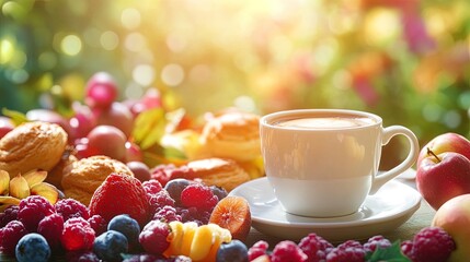Coffee cup, pastries, and fruits on a bright and welcoming background for an advertising campaign 