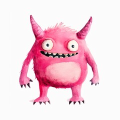 Watercolor illustration of a cute little pink monster isolated on white background.