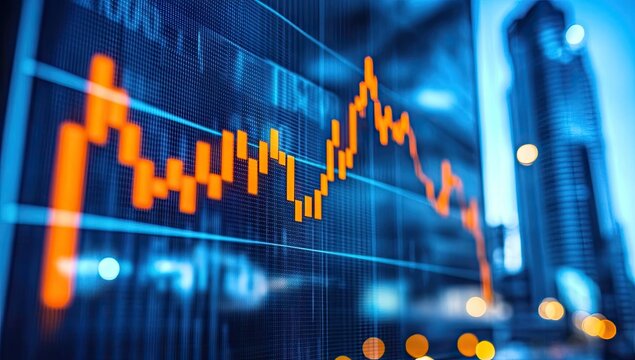 Cityscape decline displayed on a stock market screen