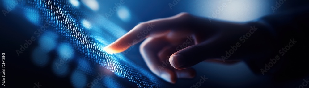 Poster a close-up of a finger interacting with a glowing, digital interface, symbolizing technology and mod
