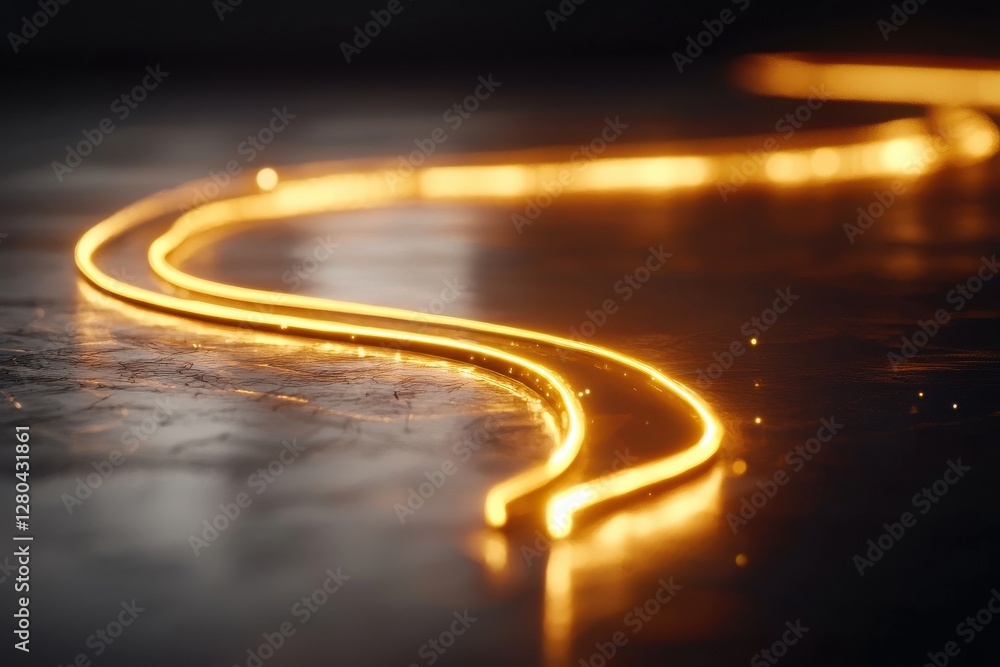 Poster a glowing, wavy line of light on a reflective surface, creating a mesmerizing visual effect in a dar