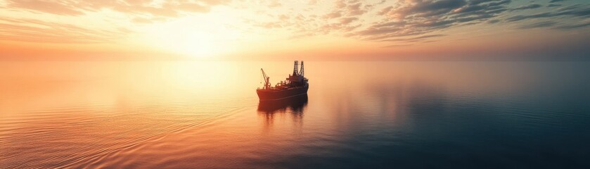 Fototapeta premium Serene Aerial View of a Jack-Up Offshore Oil Rig Bathed in Warm Light