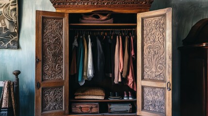Antique wooden wardrobe with carved doors displaying a curated collection